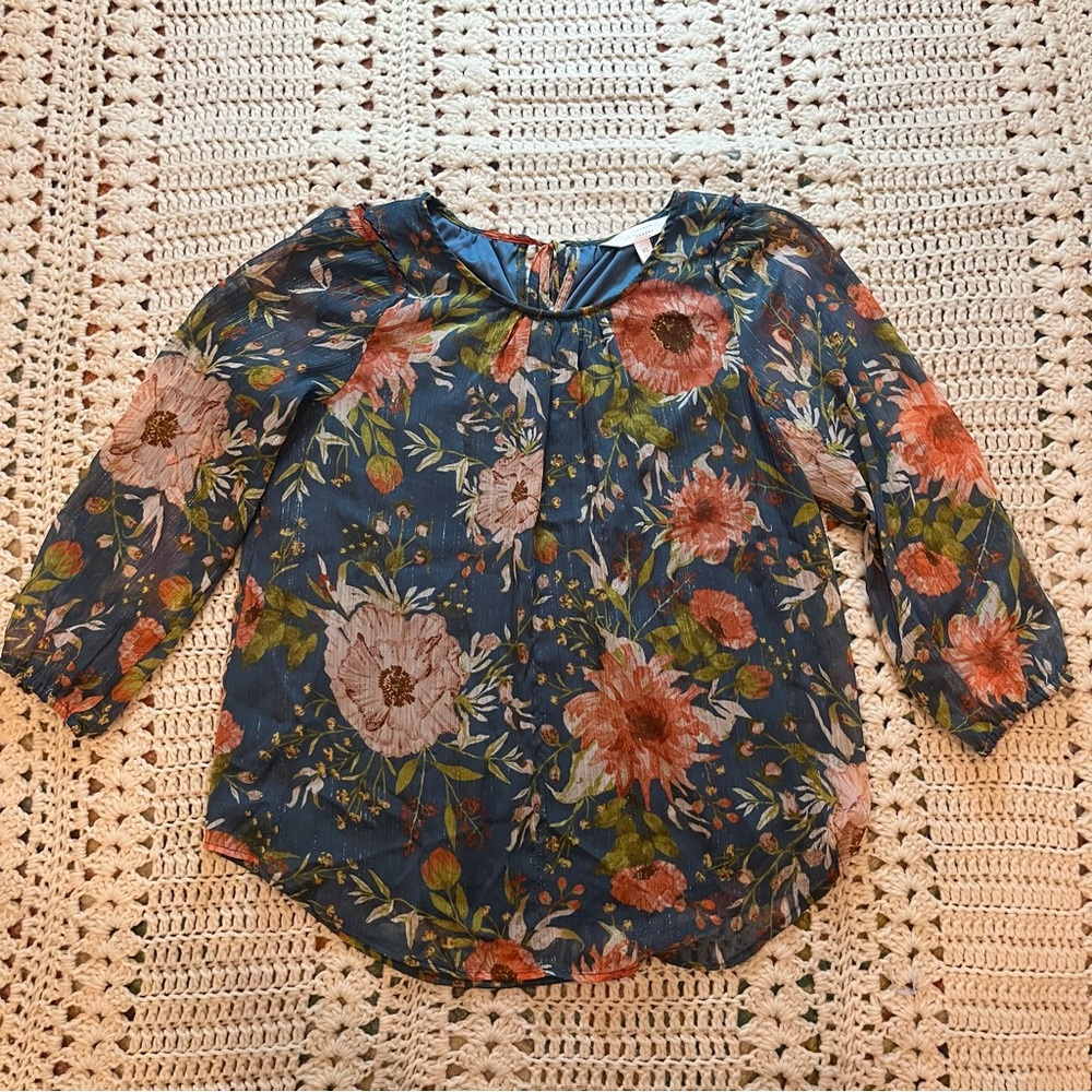 LC Lauren Conrad Blue/Orange/Gold Floral Flowy Blouse Sz X-Small